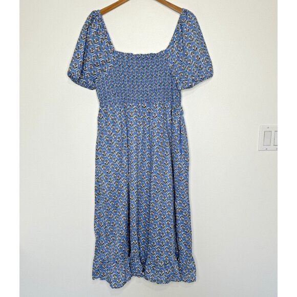 J Crew Smocked Puff Sleeve Midi Dress XL Blue Floral - Picture 6 of 14